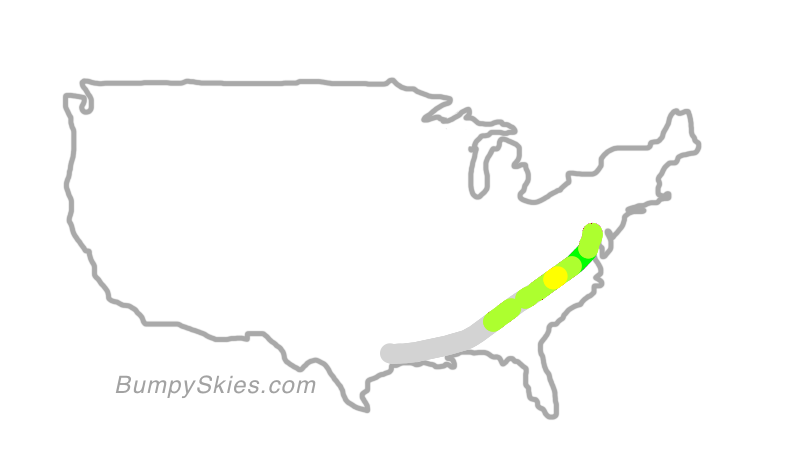 Map of continental US with illustrated flight path and turbulence forecast (described in text below)