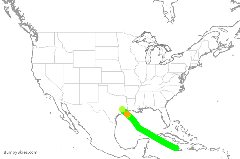 Turbulence forecast map for UAL1630, IAH to MBJ