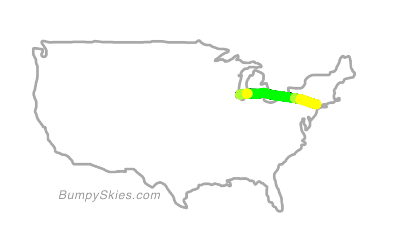 Map of continental US with illustrated flight path and turbulence forecast (described in text below)
