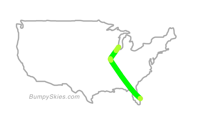 Map of continental US with illustrated flight path and turbulence forecast (described in text below)