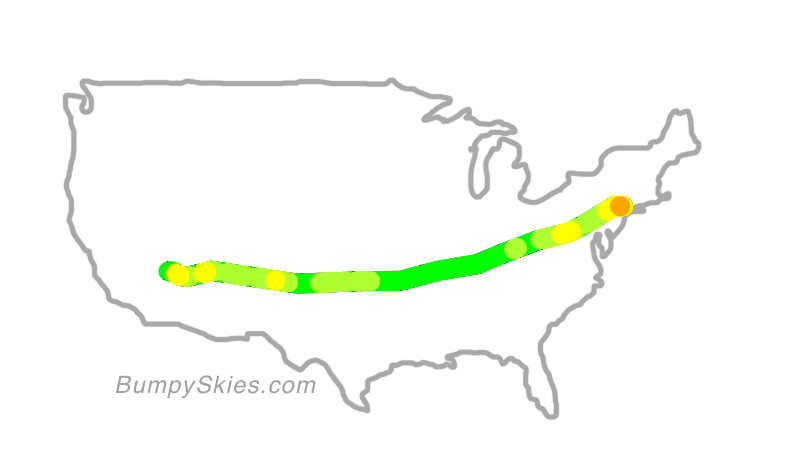 Map of continental US with illustrated flight path and turbulence forecast (described in text below)