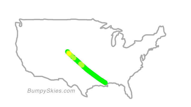 Map of continental US with illustrated flight path and turbulence forecast (described in text below)
