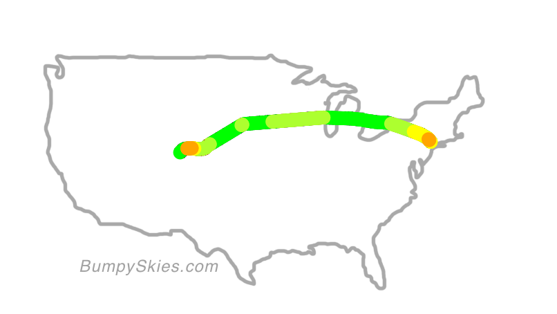 Map of continental US with illustrated flight path and turbulence forecast (described in text below)