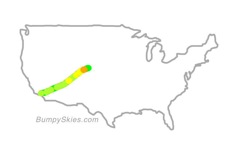 Map of continental US with illustrated flight path and turbulence forecast (described in text below)