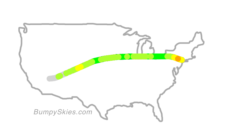Map of continental US with illustrated flight path and turbulence forecast (described in text below)
