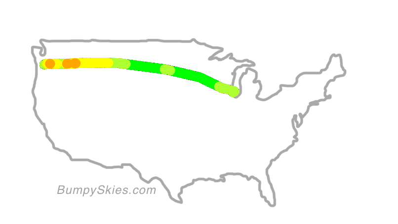 Map of continental US with illustrated flight path and turbulence forecast (described in text below)