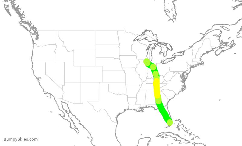 Turbulence forecast map for UAL1642, MIA to ORD
