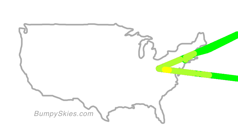 Map of continental US with illustrated flight path and turbulence forecast (described in text below)