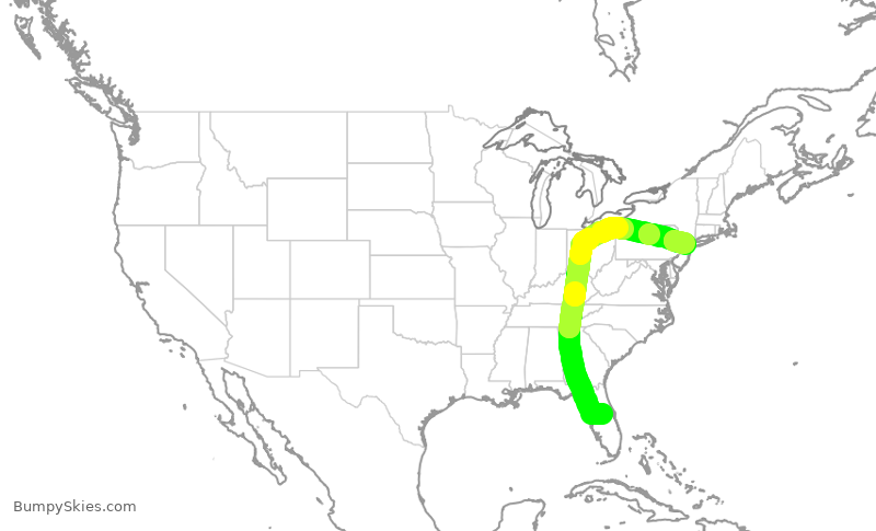 Turbulence forecast map for UAL1651, MCO to EWR