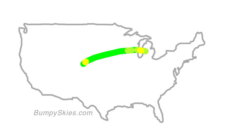 Map of continental US with illustrated flight path and turbulence forecast (described in text below)