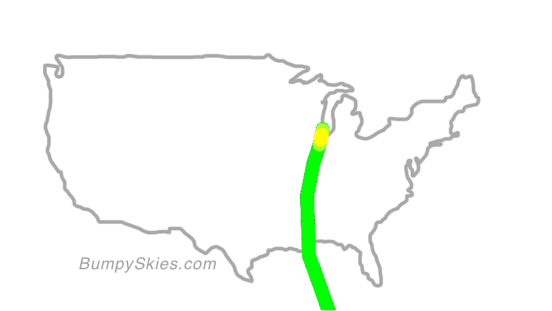 Map of continental US with illustrated flight path and turbulence forecast (described in text below)