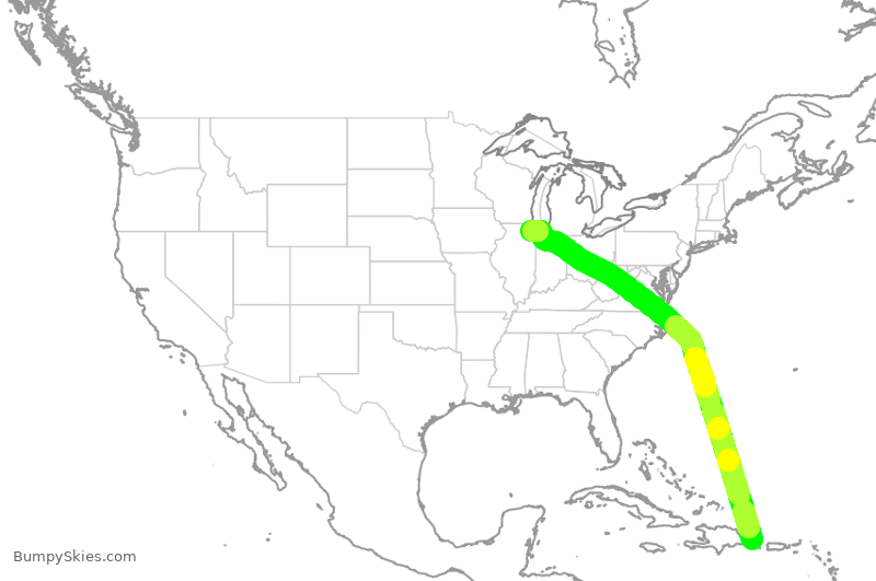 Turbulence forecast map for UAL1664, PUJ to ORD