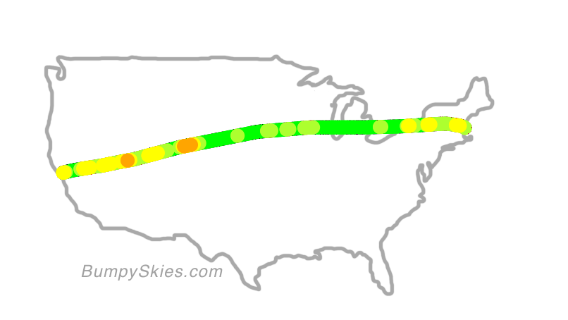Map of continental US with illustrated flight path and turbulence forecast (described in text below)