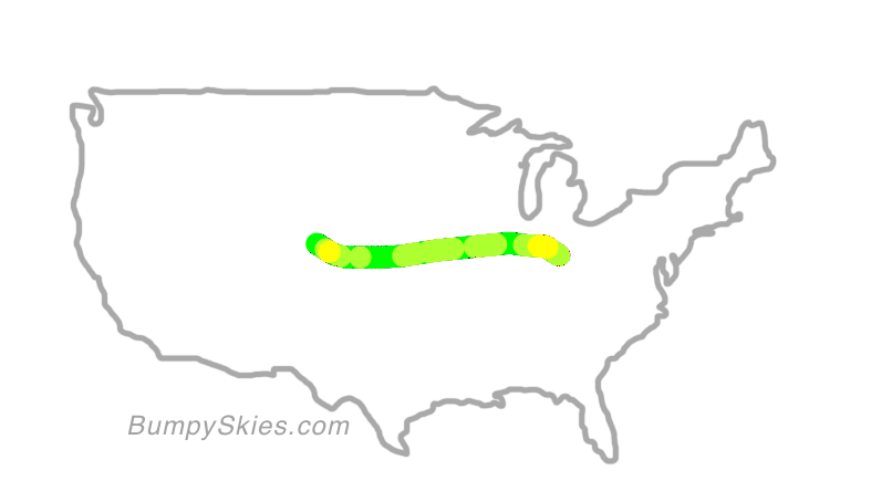 Map of continental US with illustrated flight path and turbulence forecast (described in text below)