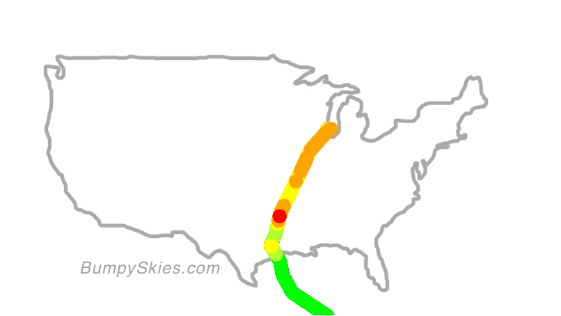 Map of continental US with illustrated flight path and turbulence forecast (described in text below)