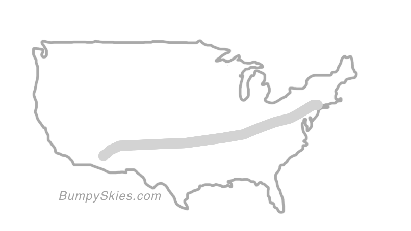 Map of continental US with illustrated flight path and turbulence forecast (described in text below)