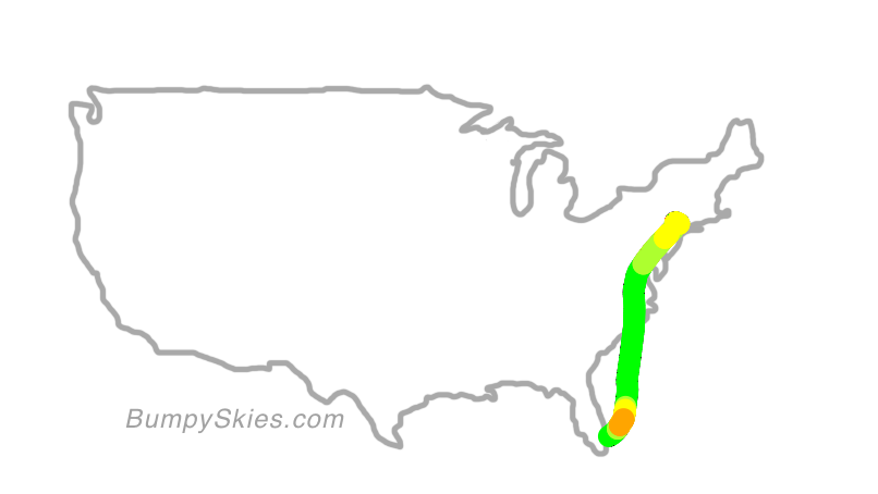 Map of continental US with illustrated flight path and turbulence forecast (described in text below)