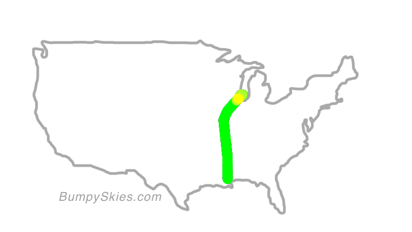 Map of continental US with illustrated flight path and turbulence forecast (described in text below)