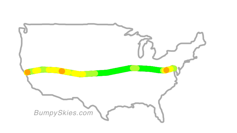 Map of continental US with illustrated flight path and turbulence forecast (described in text below)