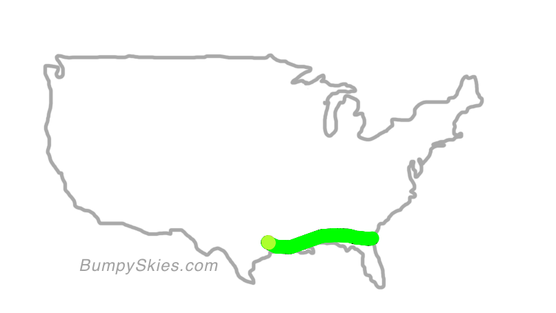 Map of continental US with illustrated flight path and turbulence forecast (described in text below)