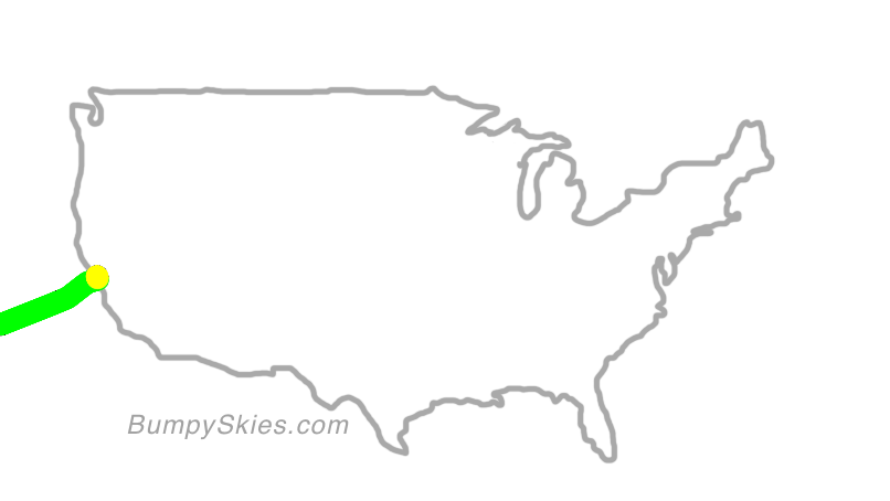 Map of continental US with illustrated flight path and turbulence forecast (described in text below)