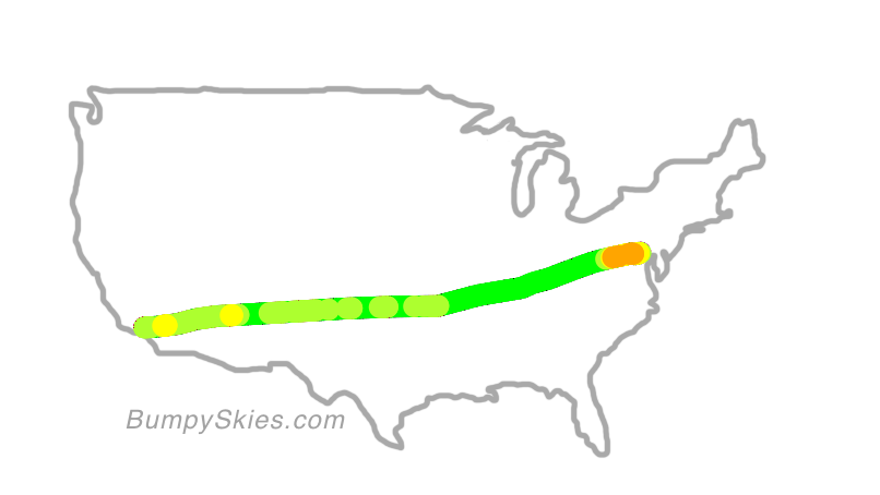 Map of continental US with illustrated flight path and turbulence forecast (described in text below)