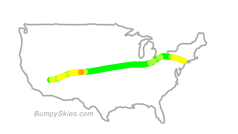 Map of continental US with illustrated flight path and turbulence forecast (described in text below)