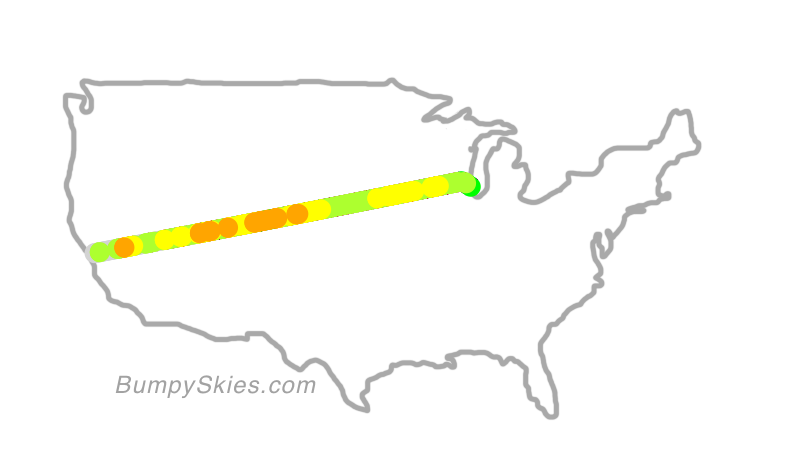 Map of continental US with illustrated flight path and turbulence forecast (described in text below)
