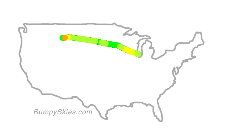 Map of continental US with illustrated flight path and turbulence forecast (described in text below)