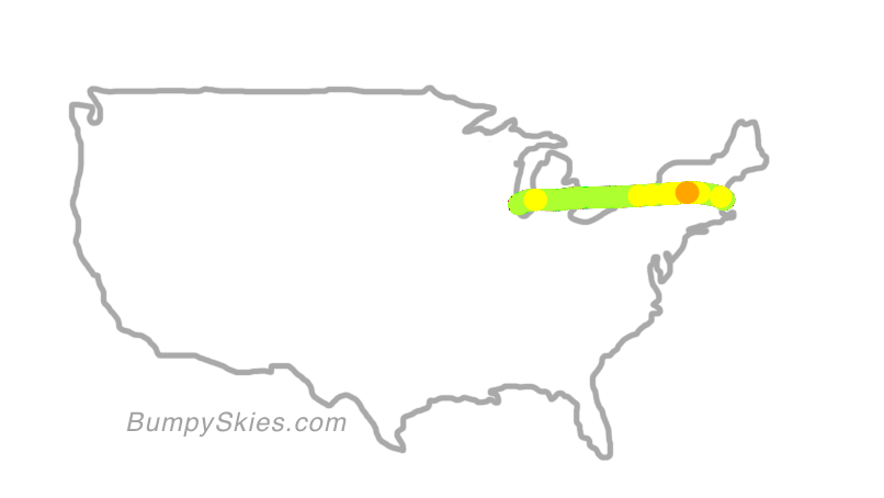 Map of continental US with illustrated flight path and turbulence forecast (described in text below)