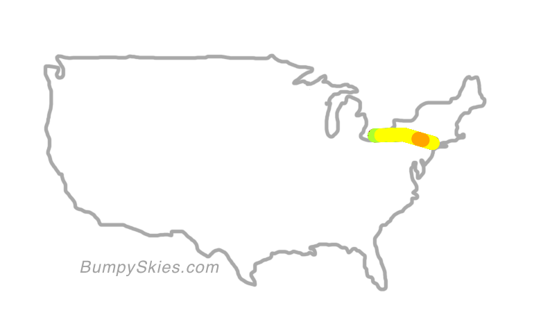 Map of continental US with illustrated flight path and turbulence forecast (described in text below)