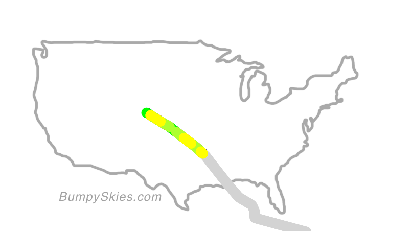 Map of continental US with illustrated flight path and turbulence forecast (described in text below)