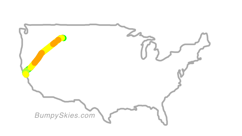Map of continental US with illustrated flight path and turbulence forecast (described in text below)