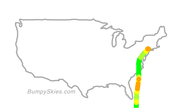 Map of continental US with illustrated flight path and turbulence forecast (described in text below)