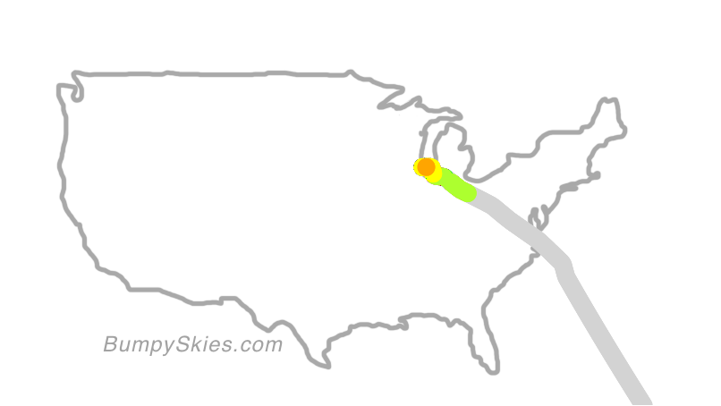 Map of continental US with illustrated flight path and turbulence forecast (described in text below)