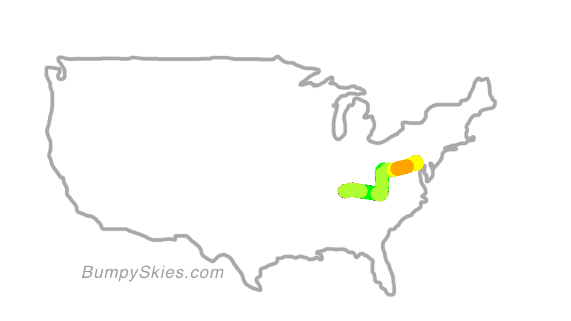 Map of continental US with illustrated flight path and turbulence forecast (described in text below)