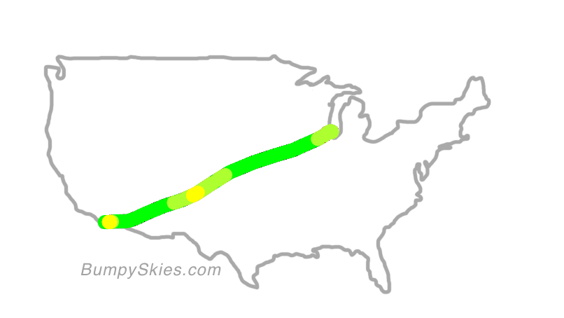 Map of continental US with illustrated flight path and turbulence forecast (described in text below)