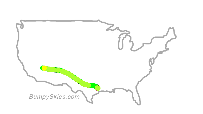 Map of continental US with illustrated flight path and turbulence forecast (described in text below)