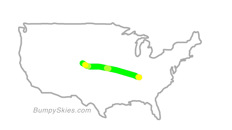 Map of continental US with illustrated flight path and turbulence forecast (described in text below)