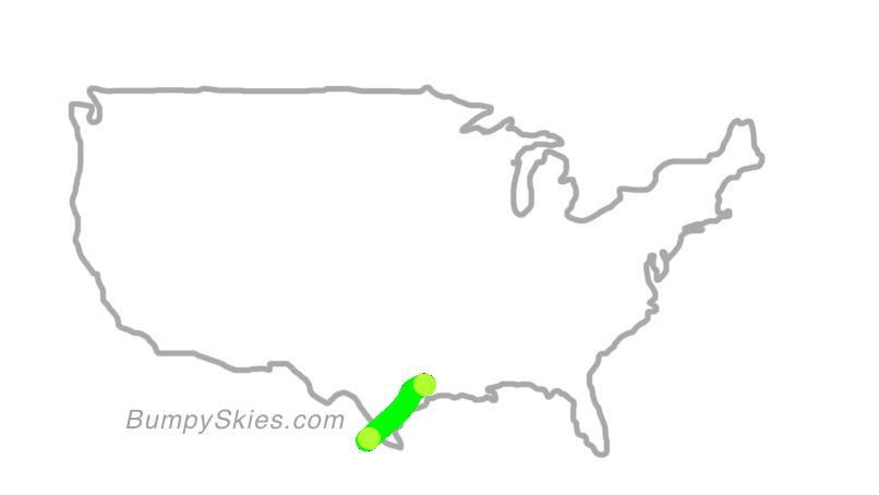 Map of continental US with illustrated flight path and turbulence forecast (described in text below)