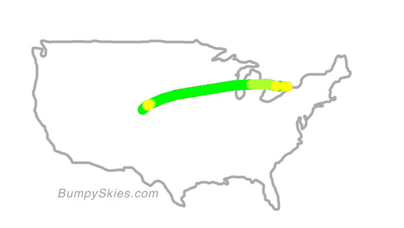 Map of continental US with illustrated flight path and turbulence forecast (described in text below)
