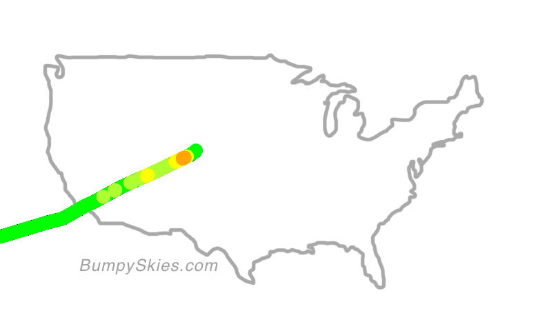Map of continental US with illustrated flight path and turbulence forecast (described in text below)