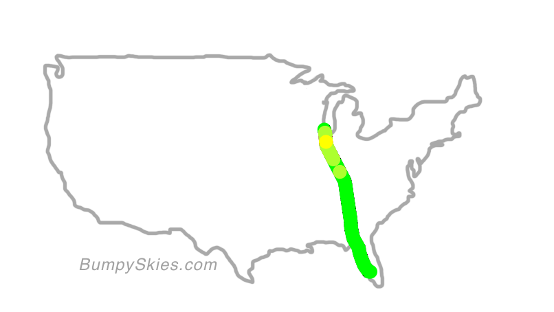 Map of continental US with illustrated flight path and turbulence forecast (described in text below)
