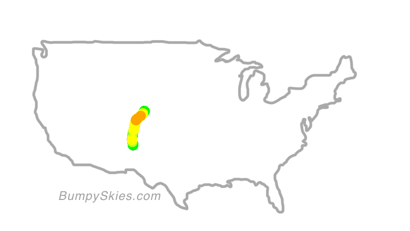 Map of continental US with illustrated flight path and turbulence forecast (described in text below)