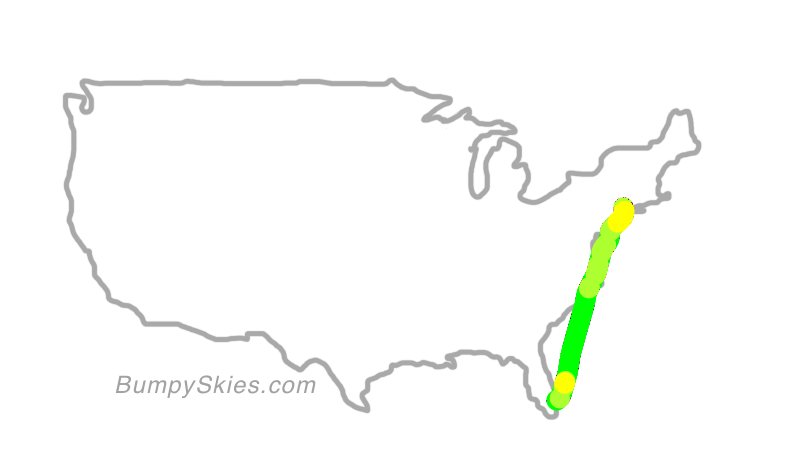 Map of continental US with illustrated flight path and turbulence forecast (described in text below)