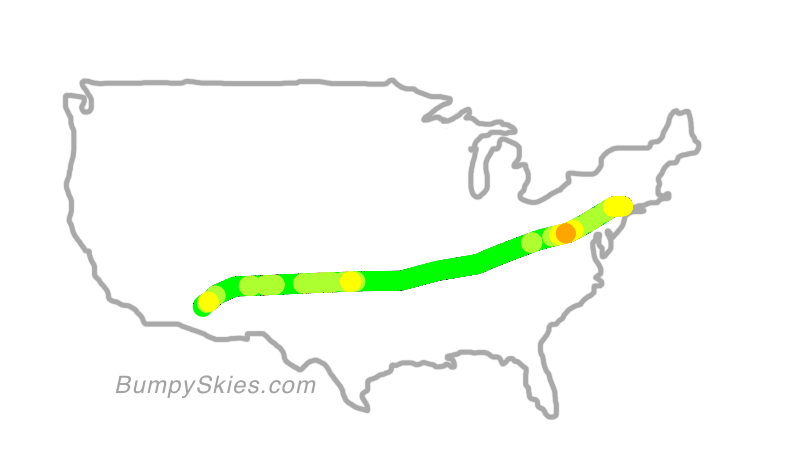 Map of continental US with illustrated flight path and turbulence forecast (described in text below)