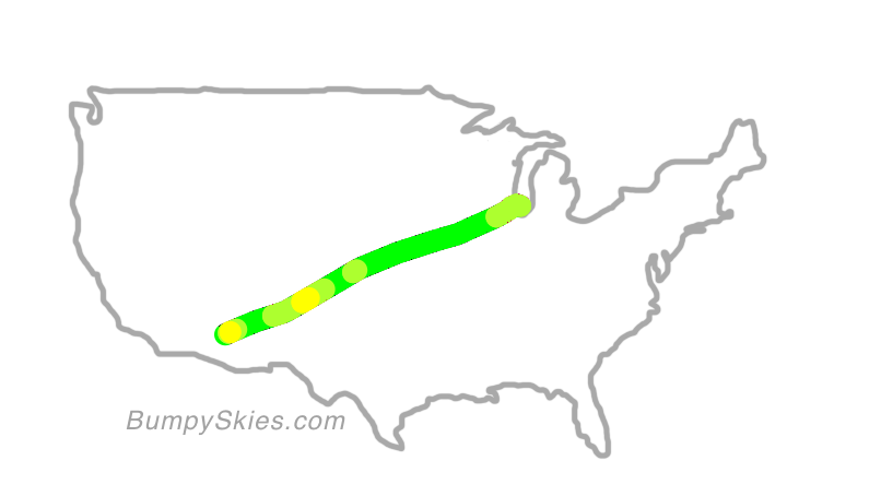 Map of continental US with illustrated flight path and turbulence forecast (described in text below)