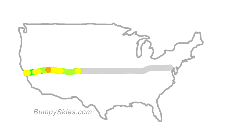Map of continental US with illustrated flight path and turbulence forecast (described in text below)