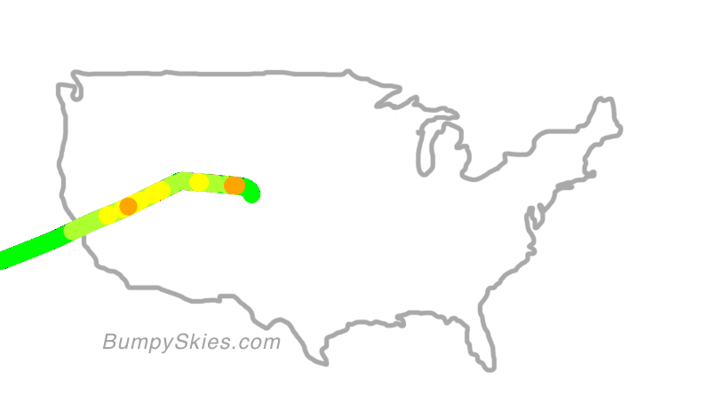 Map of continental US with illustrated flight path and turbulence forecast (described in text below)