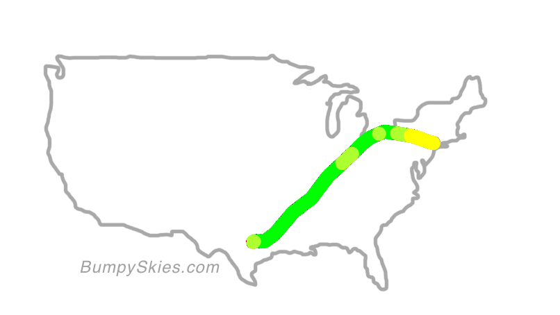 Map of continental US with illustrated flight path and turbulence forecast (described in text below)